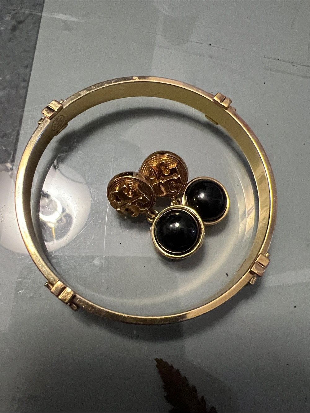 Tory Burch Gold-Tone Bangle and Black Cabochon Clip Earrings